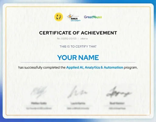 Certificate of Achievement from RevoU, BINUS University, and GreatNusa for the Applied AI, Analytics & Automation program